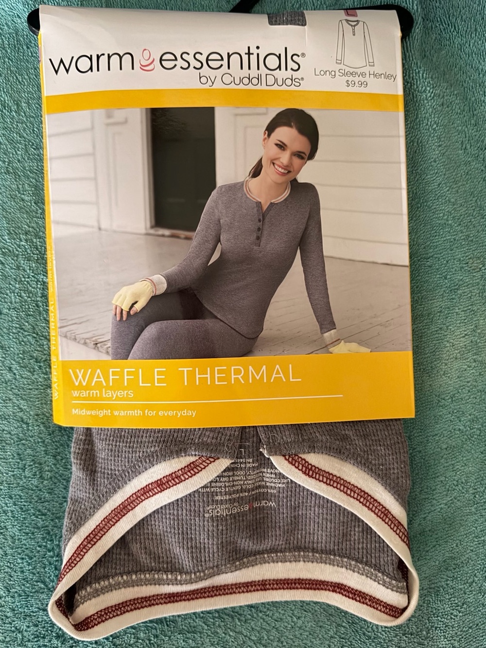 Cuddl Duds Waffle Thermal Leggings and Henley Set - Gray, Cream, Burgundy